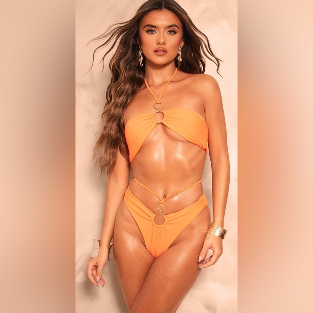 NWT PrettyLittleThing orange o ring halter top bikini set size UK12 US8